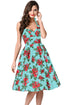 Retro Rose Floral Halter Light Blue Cannes Swing Dress
